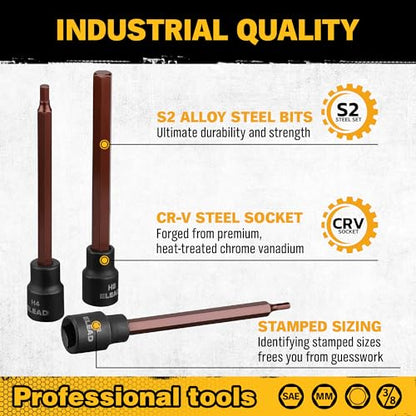 Extra-Long Allen Hex Bit Socket Set: 20-Piece 3/8 Inch Drive, 110mm S2 Steel, Standard SAE & Metric (1/8-Inch - 7/16-Inch, 3-12mm) for Impact Drills and Ratchet Wrenches - style: 110mm Allen Hex Bit Socket Set