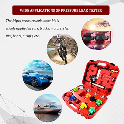 14PCS Radiator Pressure Leak Tester Tool Kit, Automotive Cooling System Pressure Pump Test Kit, Water Tank Leakage Detection Tool Set