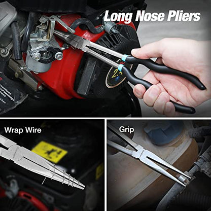DURATECH 4 PCS Extra Long Needle Nose Pliers Set, Premium CRV Steel, 11" Long Reach Straight & 90° Bent Nose & 45°Bent Nose & Diagonal Pliers for Hard-to-Reach Narrow Spaces