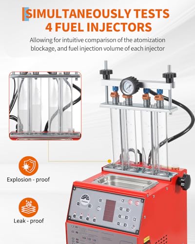 Garvee Fuel Injector Cleaner Tester 4-Cylinder 11 Test Modes 12V, Ultrasonic GDI Injector Cleaning Machine, 0-10 bar, Pulse Width (0.1-25ms), Resistance Test, Digital Display, Supports GDI Injectors - size: 4-Cylinder Model， 2-in-1