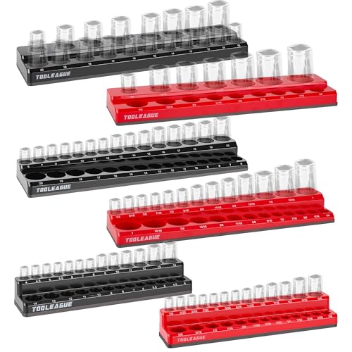 TOOLEAGUE 6Pcs Magnetic Socket Organizer Set,1/4", 3/8", 1/2" Hold 143 Pcs | Strong Magnets, Clear Sockets Size Markings, Red Metric & Black SAE Magnetic Socket Trays (Black, Red)
