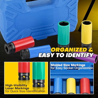 Ultimate Wheel Protector Impact Socket Set | 1/2'' Drive Lug Nut Socket, Non-Marring Thin Wall Design, CR-V Alloy,Color-Coded Protective Sleeve,6-point(15 17 19 21 22 mm)