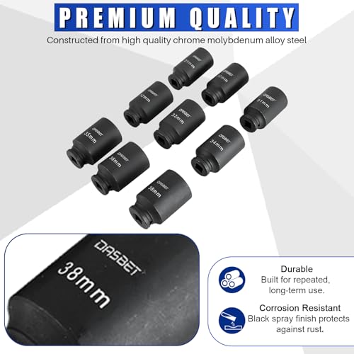 DASBET 1/2" Drive Deep Impact Socket Set | 9PCS 6 Point Metric 29-38mm Drive Spindle Axle Hub Nut Socket Set with Size Markings and Storage Case