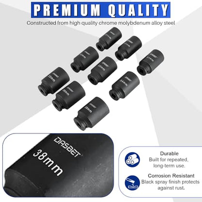 DASBET 1/2" Drive Deep Impact Socket Set | 9PCS 6 Point Metric 29-38mm Drive Spindle Axle Hub Nut Socket Set with Size Markings and Storage Case