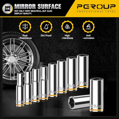 10PCS 1/4” Drive Deep Socket Set, SAE (3/16"-9/16"), 6-Point, Cr-V Steel, Chrome Plated Socket With Hanging Bracket, Cover Most Commonly Sizes - size: 1/4"SAE (3/16"-9/16")
