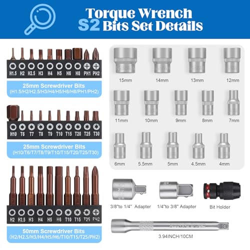 SUERCUP 3-25Nm 1/4" Torque Wrench 50 PCS Set | 72 Tooth Drive Click Torque Wrench, S2 Bit Sockets, 1/4" Extension Bar & 3/8" Adapter, Bicycle/Moto Maintenance & DIY - size: 1/4" 3-25N.m 50PCS