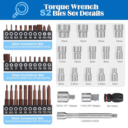 SUERCUP 3-25Nm 1/4" Torque Wrench 50 PCS Set | 72 Tooth Drive Click Torque Wrench, S2 Bit Sockets, 1/4" Extension Bar & 3/8" Adapter, Bicycle/Moto Maintenance & DIY - size: 1/4" 3-25N.m 50PCS