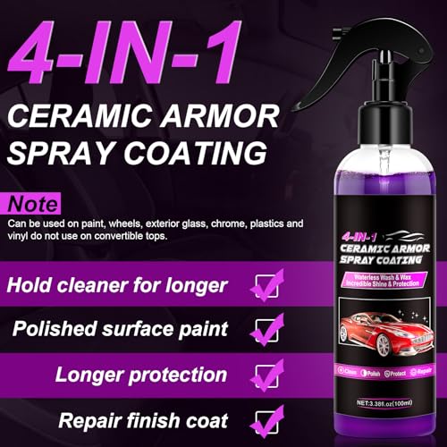 4-in-1 Ceramic Coating for Vehicles, Quick Shine Wax Formula with Water Beading Protection, Easy Wipe-On Detailing Solution for Glossy Smooth Finish, 3.38 Fl Oz