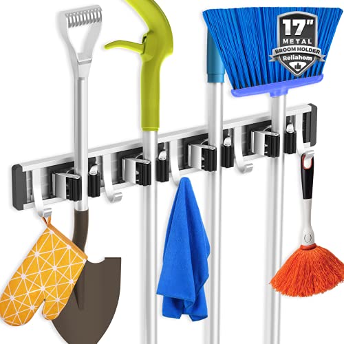 reliahom Broom Holder Wall Mount Mop Hanger Tools organizer 4Racks 5Hooks | Adjustable Mop Broom Wall Hanging Heavy duty Tools Storage Rack Space-saving for Garage,Kitchen,Laundry Room,Garden, Black - color: Black
