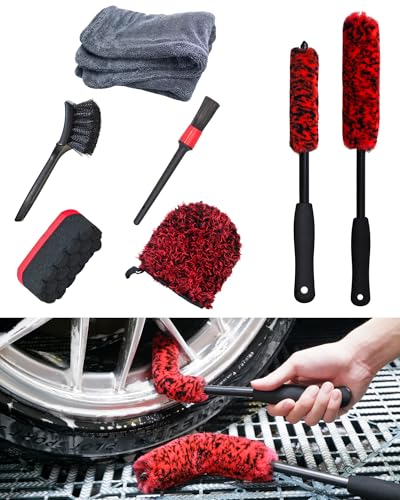 oesee 7PCS Car Wheel Rims Detail Cleaning PRO Wash Kit, Wheel Wash Mitt, Tire Brush, 2PCS Soft Wheels Brush, Detailing Brush, and Tire Dressing Pads, Microfiber Dry Towel Scratch-Free Cleaning - color: 7 Pack (Red & Black)