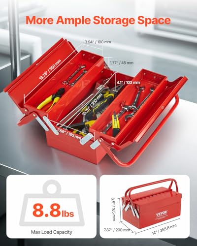 VEVOR Metal Tool Box, 14-inch, 2-Tier 3-Tray Portable Folding Tool Chest Organizer with Handle & Lock Hole, Powder Coated Steel, Cantilever Toolbox for Household Factory Warehouse Repair Shop, Red - style: 2 Tier-3 Tray
