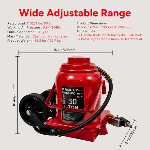 Air Hydraulic Bottle Jack, 50 Ton (110000) lbs Hydraulic Bottle Jack with 10.43''-19.88'' Lifting Range & Manual Hand Pump, for Pickup, Truck, RV, Auto Repair - color: 50 Ton
