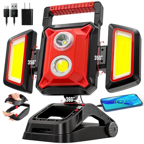 SYLSTAR 40W Rechargeable Work Light, 4000LM Magnetic Work Light, Foldable&360° Rotatable Led WorkLight with Big Clamp, 5 Light Modes, Waterproof Job Site Lighting for Garage Workshop Car Repairing - color: Red