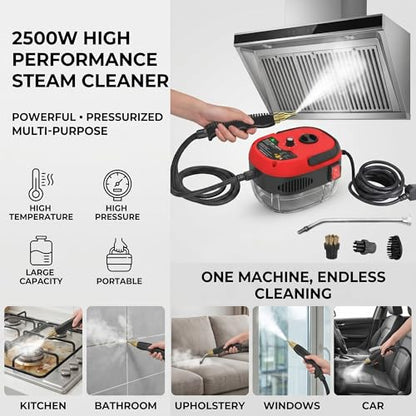 2500w Handheld High-Temperature Pressurized Steam Cleaner High Pressure Temperature Multi Purpose Heavy Duty Portable with Attachments for Car Engine Home Multi-surface 1000ml(Red) - color: Red