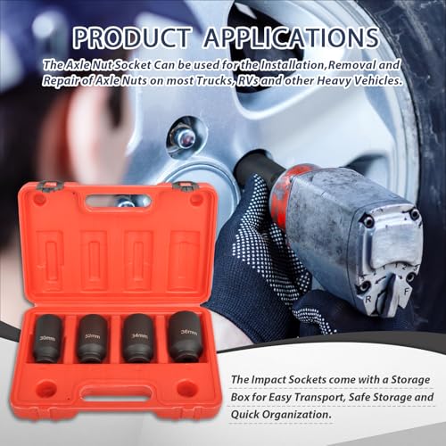 1/2" Drive 12-Point Metric Deep Spindle Axle Nut Socket Set, 4PC | Premium Cr-Mo Steel, 12-Point Extra-Deep Design, High-Contrast Laser Markings, Storage Case Included, Metric 4PC Set - color: 4pcs