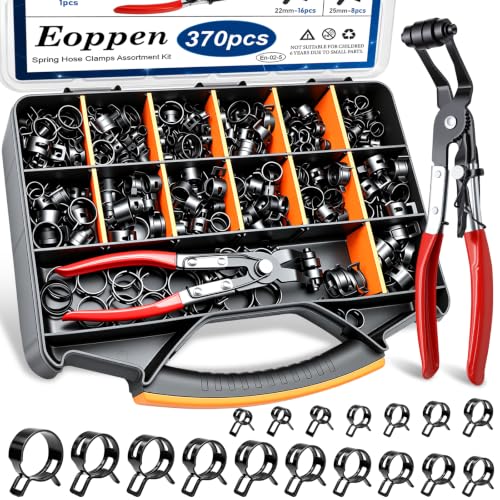 370Pcs 6-25mm Spring Hose Clamps Assortment Kit with 45° angle Hose Clamp Plier - 17 Sizes Constant Tension Hose Clamps for Fuel Line Silicone Vacuum Hose Low Pressure Air Clamps - color: 370pcs - 17 Sizes + Plier (Black)