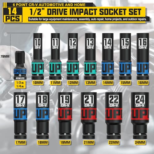 14-Piece 1/2" Drive Impact Socket Set, 10-24mm Thicker Deep Sockets with Storage Case and 1/2 to 1/4 Impact Wrench Adapter, Metric 6 Point Socket Set for Automotive and Home - size: 1/2" 14pcs Metric Deep