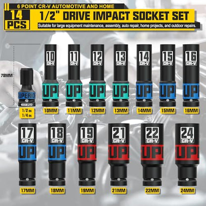 14-Piece 1/2" Drive Impact Socket Set, 10-24mm Thicker Deep Sockets with Storage Case and 1/2 to 1/4 Impact Wrench Adapter, Metric 6 Point Socket Set for Automotive and Home - size: 1/2" 14pcs Metric Deep