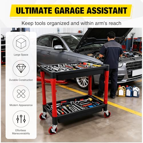 2-Tier Rolling Utility Cart with 4" Swivel Wheels, Heavy-Duty Plastic Tool Cart for Auto Detailing, Garage & Workshop - size: 2-Tier