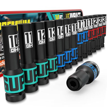 14-Piece 1/2" Drive Impact Socket Set, 10-24mm Thicker Deep Sockets with Storage Case and 1/2 to 1/4 Impact Wrench Adapter, Metric 6 Point Socket Set for Automotive and Home - size: 1/2" 14pcs Metric Deep
