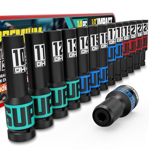 14-Piece 1/2" Drive Impact Socket Set, 10-24mm Thicker Deep Sockets with Storage Case and 1/2 to 1/4 Impact Wrench Adapter, Metric 6 Point Socket Set for Automotive and Home - size: 1/2" 14pcs Metric Deep