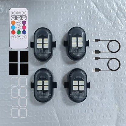 Upgraded 4PCS Mini Car Wireless LED Strobe Lights with Remote Control Wireless LED Lights for Car Motorcycle Bicycle Bike USB Rechargeable 8-Color Car Ambient Lighting Car Led Lights Interior