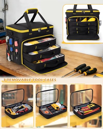 Marscamd 2 Layers Tool Bag with 3 Clear Window Removable Cases | Heavy Duty Tool Tote with Molle Webbing and Detachable Shoulder Strap, Black/Yellow - color: Black/Yellow
