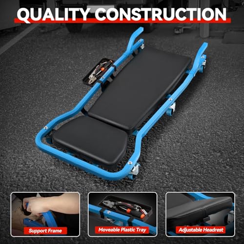 Auto Dynasty Universal 42" L X 18" W Blue for Under Car Repair Vehicle SUV Truck Pickup Adjustable Creeper with Padded Headrest + Casters - color: Blue