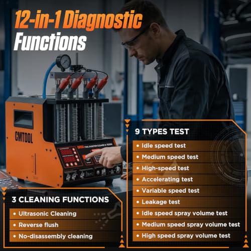 CMTOOL Ultrasonic Fuel Injector Cleaner Tester Machine 12 Functions with 45℃ Heating Cleaning Fluid 110V Fuel System Injection Cleaning Kit for 4 Cylinder Diesel Gasoline Car Motorcycle (Orange Pro)