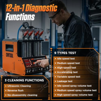 CMTOOL Ultrasonic Fuel Injector Cleaner Tester Machine 12 Functions with 45℃ Heating Cleaning Fluid 110V Fuel System Injection Cleaning Kit for 4 Cylinder Diesel Gasoline Car Motorcycle (Orange Pro)