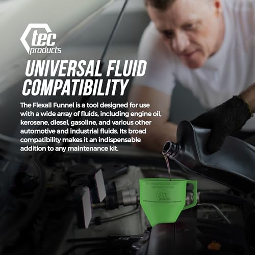 TEC Products FlexAll Long Flexible Funnels - Automotive Oil Funnel with Hose, Durable Nitrile Rubber for Oil Change, Transmission Funnel Fluid, Diesel, Fuel, Gas - Made in USA - Green (16 x 5 Inches) - color: Green, size: Large