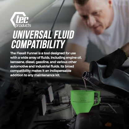 TEC Products FlexAll Long Flexible Funnels - Automotive Oil Funnel with Hose, Durable Nitrile Rubber for Oil Change, Transmission Funnel Fluid, Diesel, Fuel, Gas - Made in USA - Green (16 x 5 Inches) - color: Green, size: Large