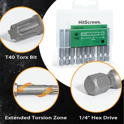 2" Magnetic T40 Torx Bits, S2 Steel Star Screwdriver Bits, 1/4" Hex Shank, CNC Precision Tips, 10-Pack in Slide-Out Storage Case, Drill/Impact Driver Compatible - size: T40