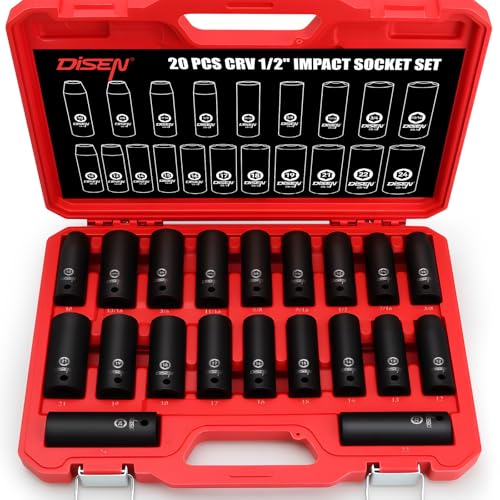 DISEN 20PCS 1/2" Impact Socket Set | Deep Sockets SAE 13/16"-3/8" & Metric 10-24mm, 6-Point Cr-V & Alloy Steel, Rugged Construction, Enhanced Storage Case - style: 1/2“ 20PCS Deep