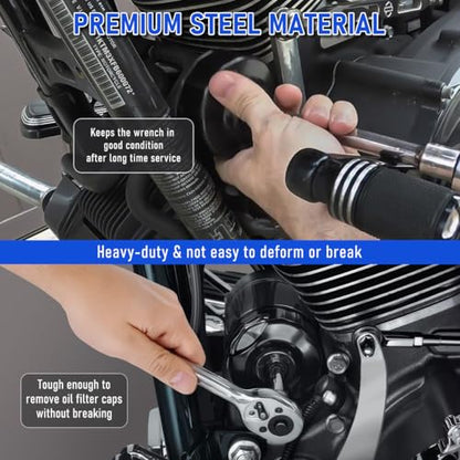 Oil Filter Wrench & Oil Change Kit for Harley Davidson, 4-in-1 Drip-Free Funnel Set with Primary, Crankcase Tools, Viton O-Rings, Compatible with Sportster Dyna Softail Touring 1999-2017
