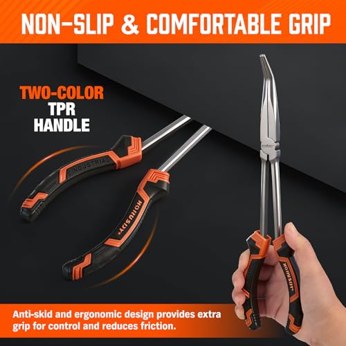 HORUSDY 3-Piece 11 Inch Long Reach Needle Nose Pliers Set, Extra Long Straight, 45° & 90° Bent Nose Pliers with 3 Magnetic Plier Racks and Roll-Up Storage Bag for Tight Spaces