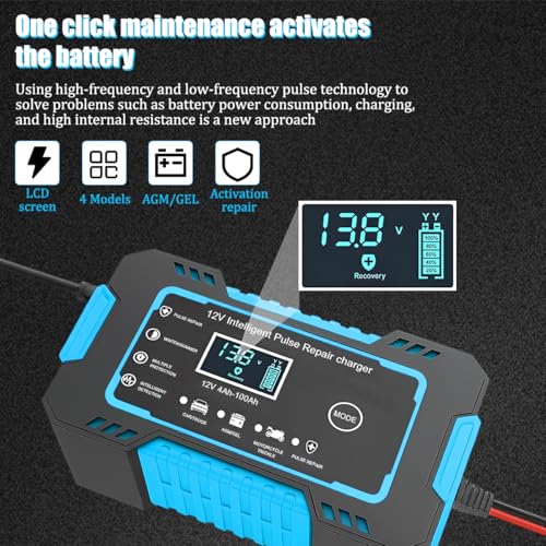 Car Battery Charger, 12V 6A Smart Fully Trickle Vehicle Battery Charger & Desulfator with Temperature Compensation, Portable Automotive Power Maintainer, Universal Fit (Blue) - color: Blue
