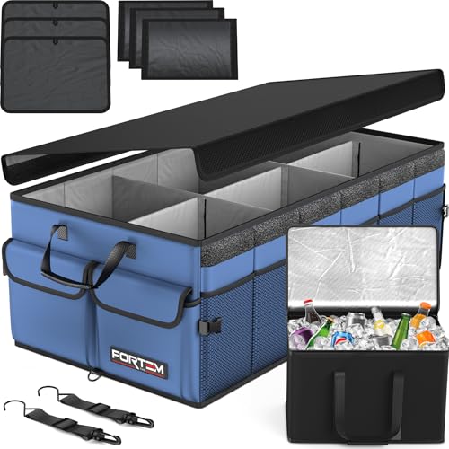 FORTEM Trunk Organizer with Cooler For SUV Car Trunk, Foldable Storage, Car Accessories for Women Men, Collapsible Bag, 600D Oxford, Non Slip Bottom, Straps, Soft Cover (105L) - color: Blue, size: XXL (105L)