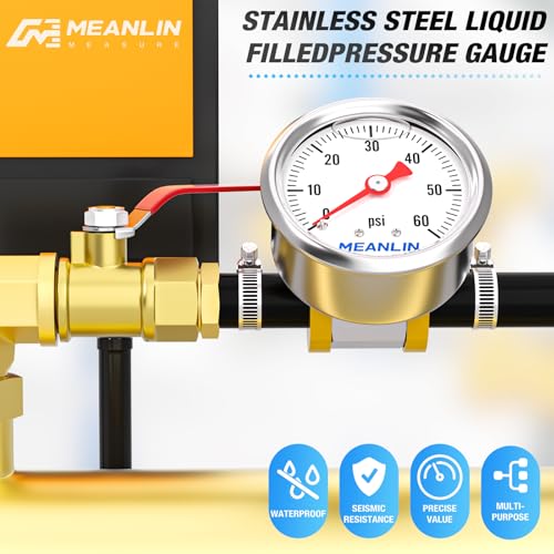 MEANLIN MEASURE 0-60Psi Stainless Steel Glycerin Filled Pressure Gauge 1/8" NPT 1.5" FACE DIAL, with 3/8" Barb Pressure Adapter Liquid Filled Pressure Gauge (9Pieces Kit, Back Mount) - size: 0-60Psi