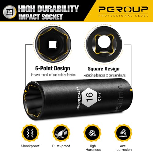 3/8” Drive Deep Impact Socket, Metric(16mm socket), 6-Point, Cr-V Steel With Black Manganese Phosphate Coating - size: 16 mm