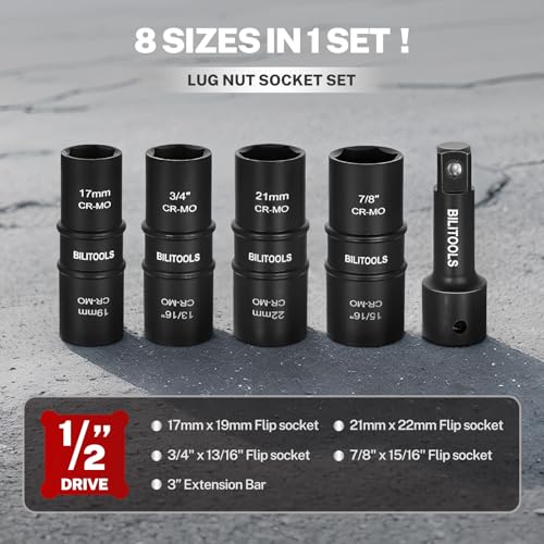 BILITOOLS 5pc Flip Lug Nut Socket Set, 1/2" Drive Metric & SAE Non-Marring | CR-MO Steel, Thin Wall, 6-Point Flank Drive, Metric 17-22mm & SAE 3/4-15/16", Color-Coded, Impact-Rated, Storage Case - style: Standard Metric & SAE
