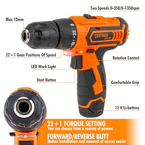 CARTMAN Orange 198-Piece 12V Cordless Drill Tool Combo Kit | Complete DIY repair tools for home, office & garden maintenance, professional household tool set with robot style storage box - style: 198 PC