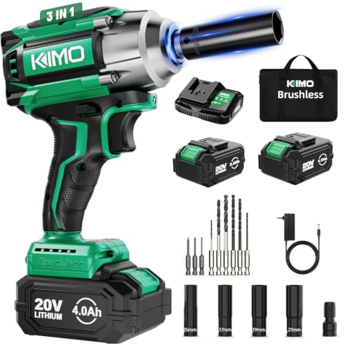 KIMO Impact Wrench 1/2 Cordless, 550N.m (410ft-lbs), 4000RPM/3500IPM, 9-Piece Drill & Driver Set, 4 Sockets1/2 Impact Gun for Car Tires, Safety Lock, Variable Modes, 2x4.0Ah Battery 20V Impact Driver - color: Grass Green