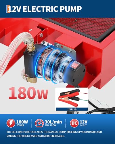 20 Gal Oil Drain Pan with 8.2ft Hose High-Flow Electric Pump | with Electric Pump, Wheels & Folding Handle, Oil Drain Tank for Cars, SUVs, Trucks, Buses, RVs - color: Red, size: 20 Gal with Electric Pump