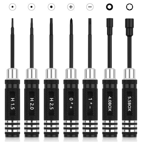 7PCS RC Car Tool Kit Short Handle Hex Screwdriver Nut Set W/Hex 1.5/2.0/2.5mm/4.0BOX/5.5BOX & Phillips & Slotted Screwdriver Fit for 1/18 1/24 Mini Crawler Car TRX4M SCX24 FCX24