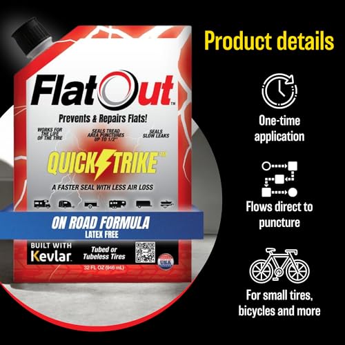 FlatOut QuickStrike Tire Sealant On Road Formula - Prevent Flat Tires, Seal Leaks, Contains Kevlar, 32-Ounce Bag - size: 32 Fl Oz