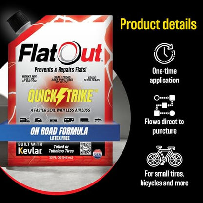 FlatOut QuickStrike Tire Sealant On Road Formula - Prevent Flat Tires, Seal Leaks, Contains Kevlar, 32-Ounce Bag - size: 32 Fl Oz