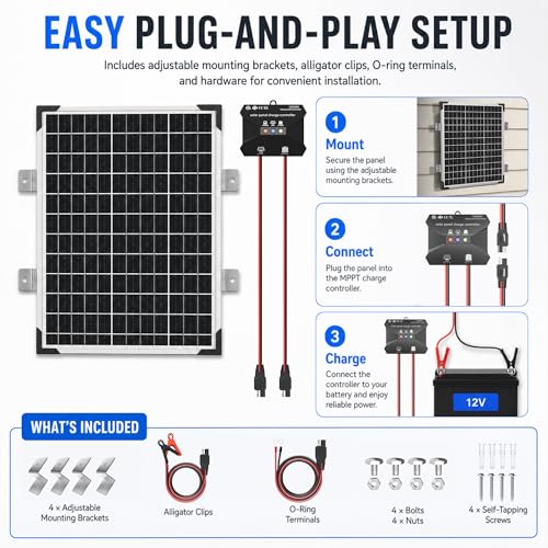 Voltset 50W Solar Panel Kit - 12V Solar Battery Charger Maintainer - IP67 Waterproof Solar Trickle Charger with 10A Smart Charge Controller and Mount Bracket for Boat RV Car Motorcycle Marine Trailer - size: 50W
