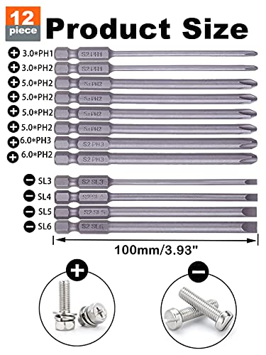 Rocaris 12 Pack 1/4 Inch Hex Shank Long Magnetic Screwdriver Bits Set 4 in Power Tools (Slotted+Cross Head) - size: 12Pcs(Slotted+Cross)