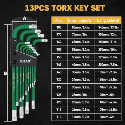ELEAD Jumbo Torx Key Wrench Set | 13-Piece Durable S2 Star Keys | L-Shaped Long Arm Design | Sizes T10 to T80 | Automotive | Mechanic | Furniture | Professional Grade Tools - style: 13PCS Jumbo Torx Star
